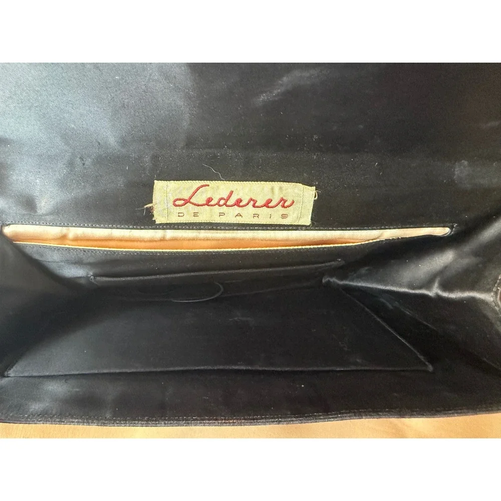 Lederer de Paris Vintage Black Pleated Silk Envelope Clutch Brown Leather Trim